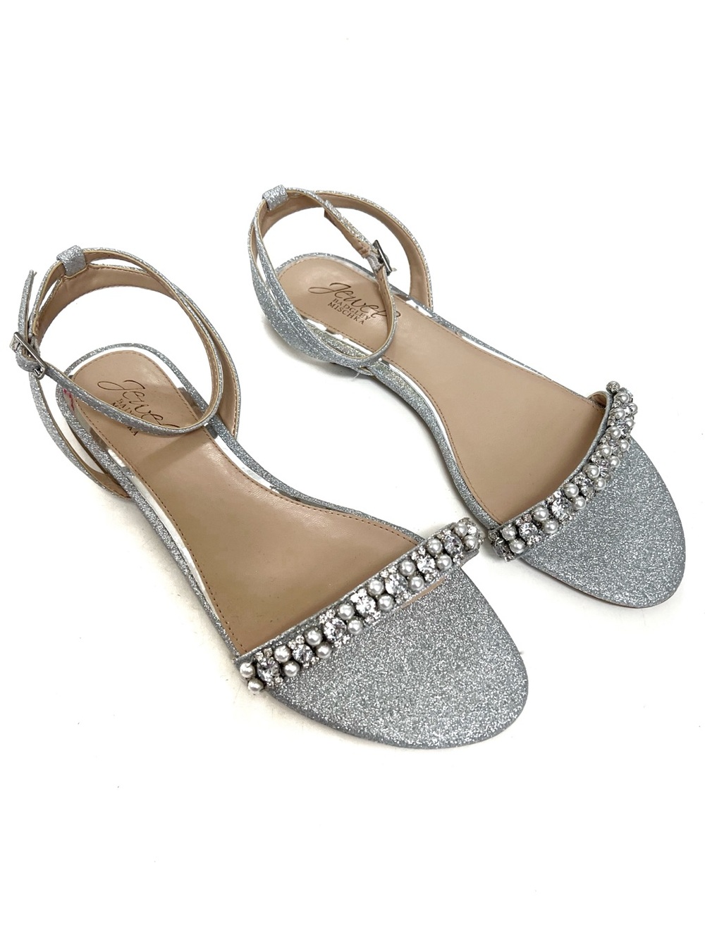 Jewel Badgley Mischka Daria Silver Glitter Pearl Rhinestone Sandals 7.5